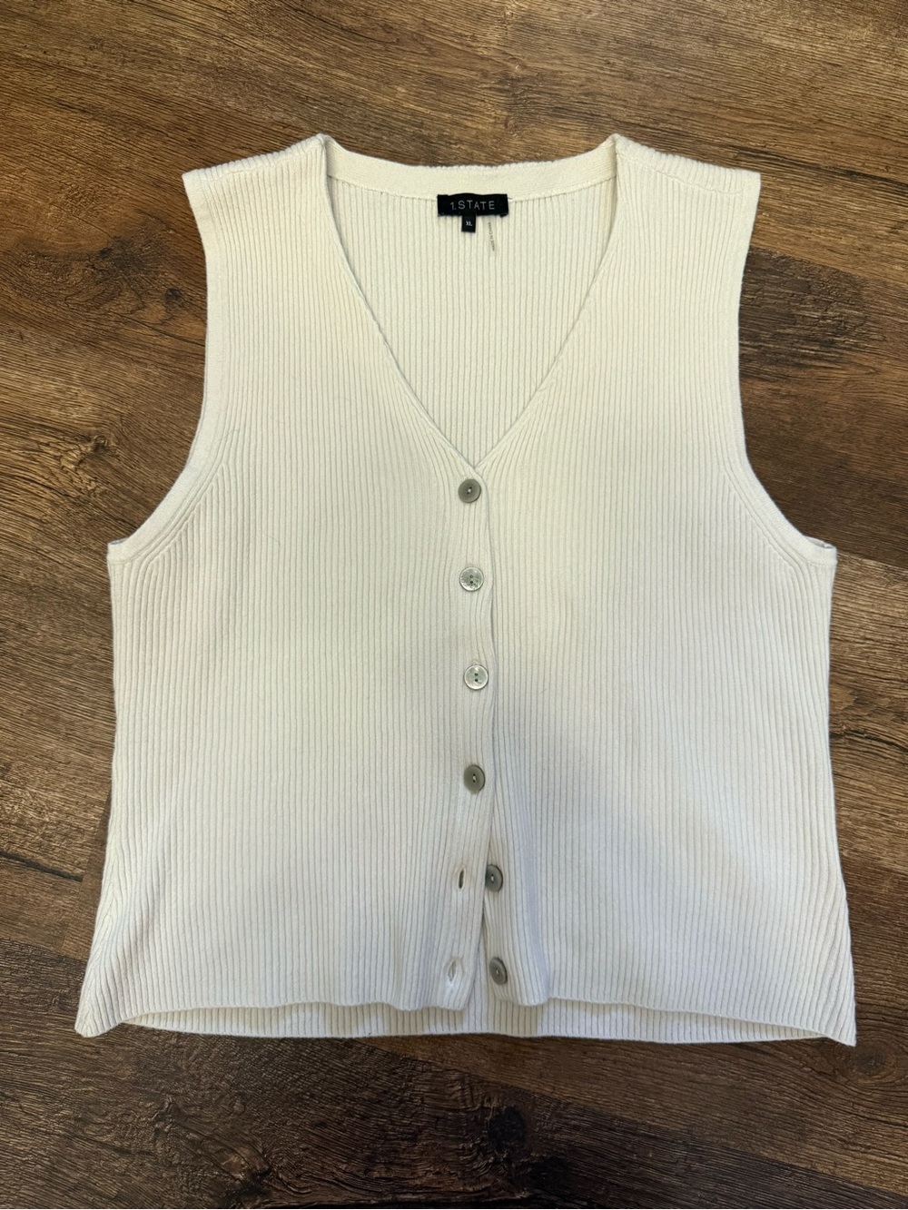 1. State Cream Ribbed Button-Front V-Neck Sleeveless Top